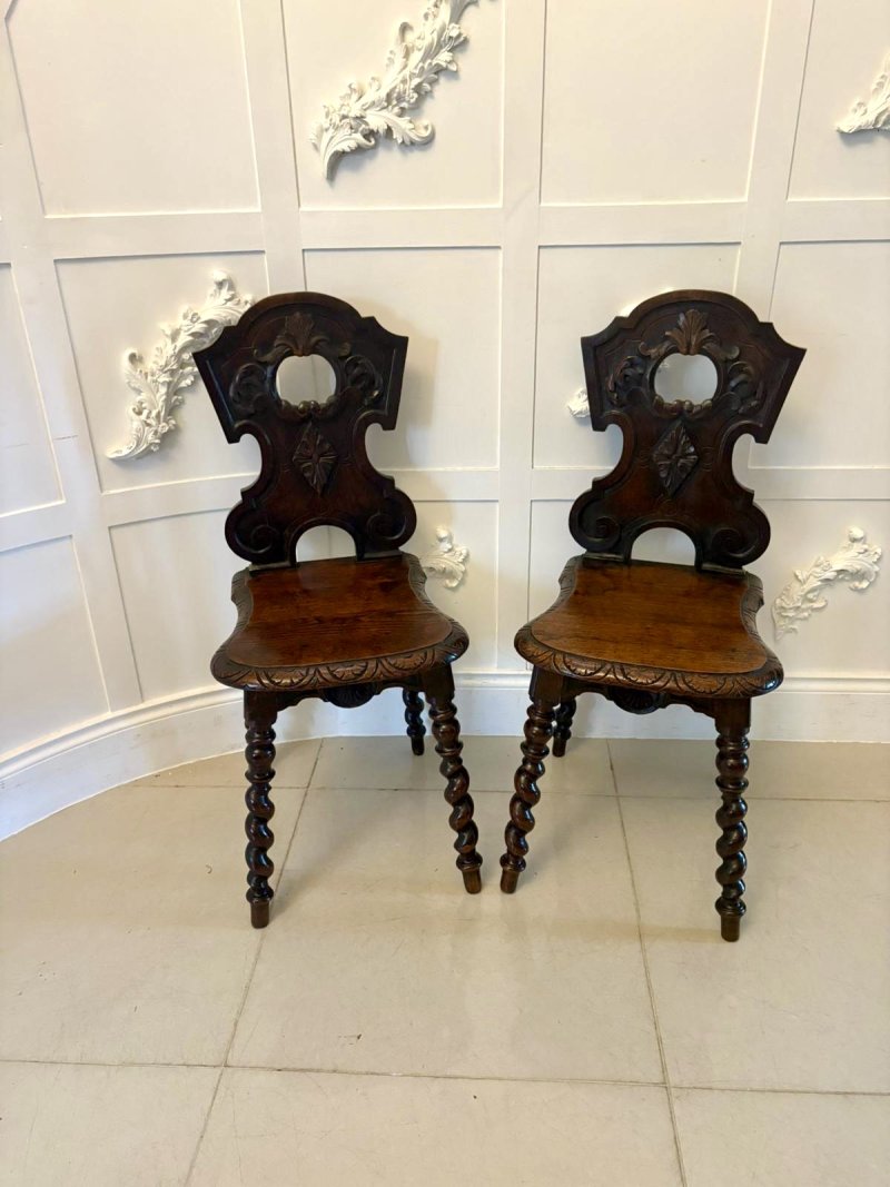 Pair of Antique Victorian Quality Carved Oak Hall Chairs